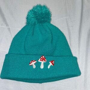 Books-A-Million Teal‎ Mushroom Embroidered Pom Pom Beanie Knit Hat Kids
